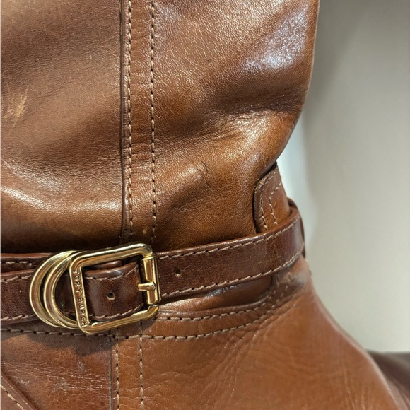 Tory Burch Riding Boots Brown Leather Gold Logo Tall Boots 6.5M - Picture 3 of 15